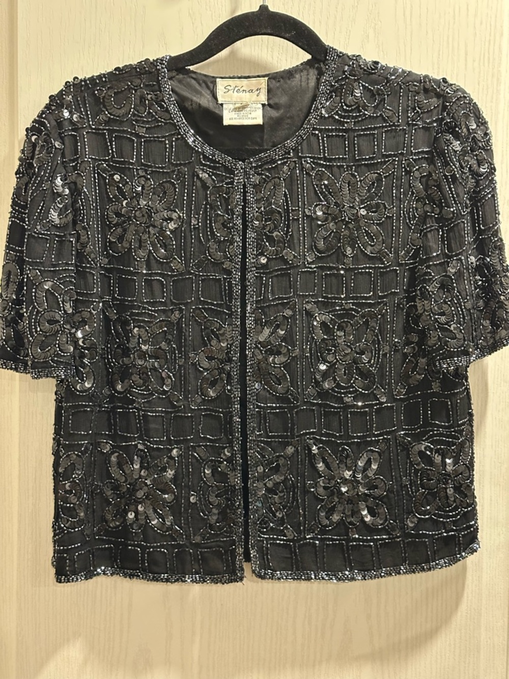 Vintage Silk Black Beaded Short Sleeve Embellished Jacket Top szS maximalism